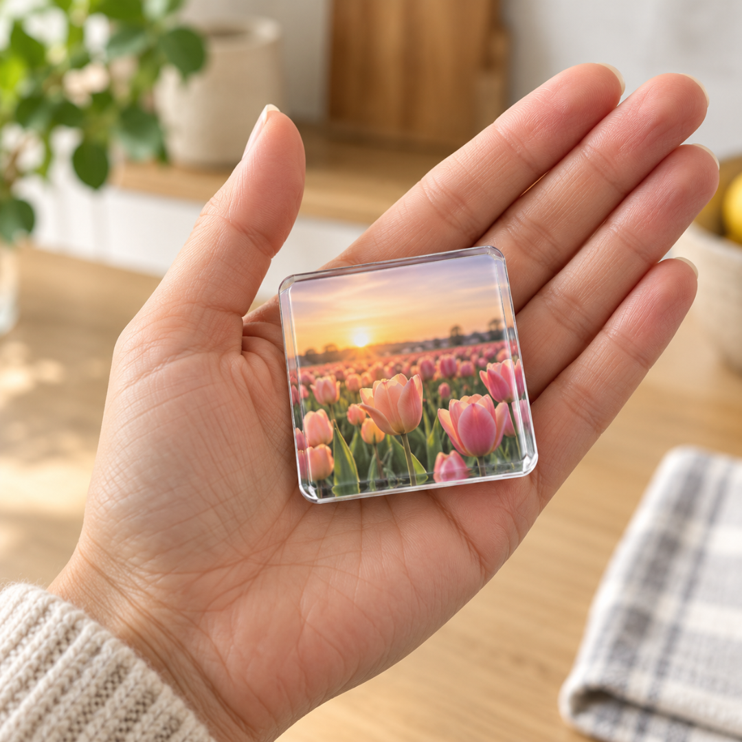 Quadratischer Acrylmagnet mit Tulpenfeld im Sonnenuntergang liegt auf einer geöffneten Handfläche, zeigt die Größe 6