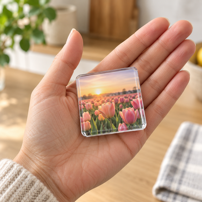 Quadratischer Acrylmagnet mit Tulpenfeld im Sonnenuntergang liegt auf einer geöffneten Handfläche, zeigt die Größe 6