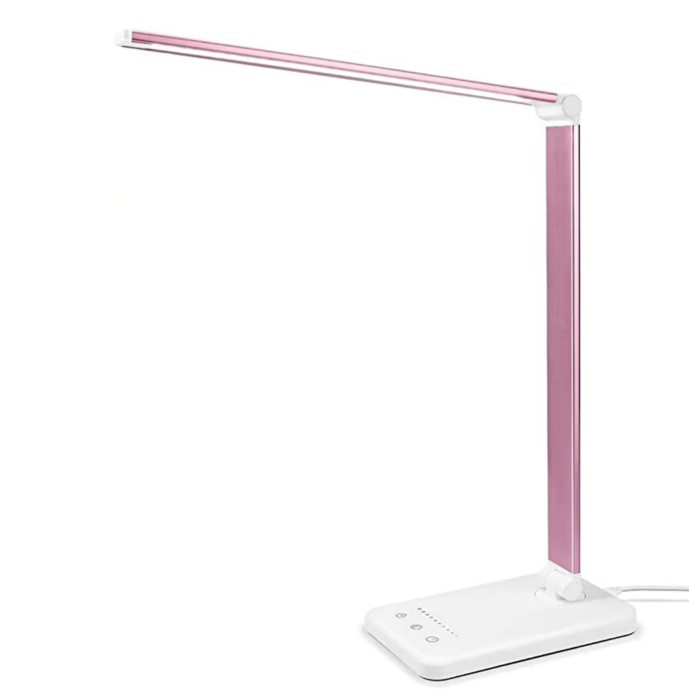 Rosa LED-Schreibtischlampe, dimmbar, modern, energiesparend, mit Touch-Bedienung, USB-Anschluss.