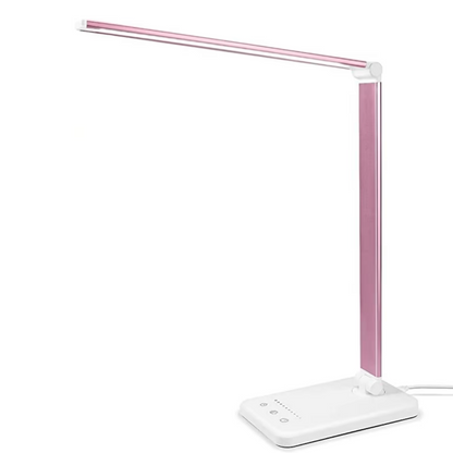 Rosa LED-Schreibtischlampe, dimmbar, modern, energiesparend, mit Touch-Bedienung, USB-Anschluss.