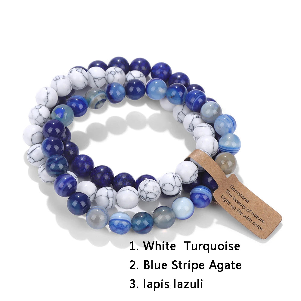 Armband aus weißem Türkis, blauem Streifenachat und Lapislazuli, Naturstein, elastisch.