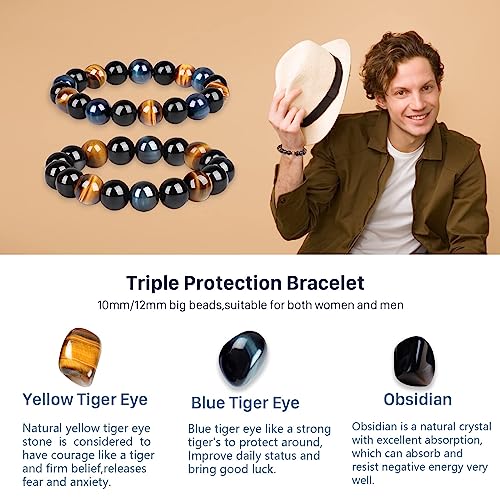 Dreifacher Schutzarmband mit Tigerauge und Obsidian, 10mm/12mm Perlen, Unisex-Schmuck.
