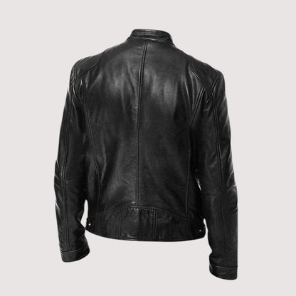 Schwarze Lederjacke von hinten mit Rückennähten, Stehkragen und Druckknöpfen am Bund 3