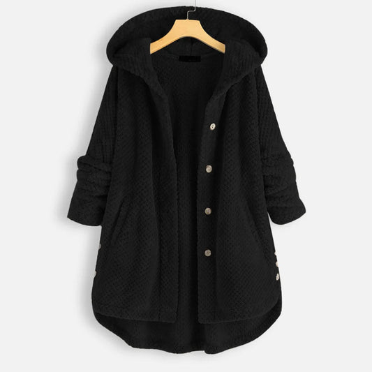Schwarzer Damenmantel mit Kapuze, Knöpfen, aus Fleece, warm und stilvoll, ideal für Herbst/Winter.