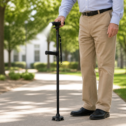 Lightweight Aluminum Folding Walking Cane with 4-Point Base, LED Light & Alarm 3