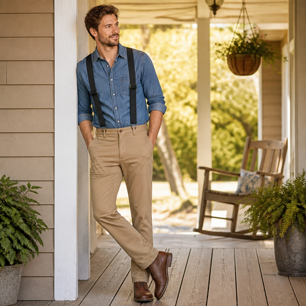 Mann lehnt auf einer Veranda und trägt schwarze Hosenträger über Jeanshemd, dazu beige Hose und braune Stiefel. 3