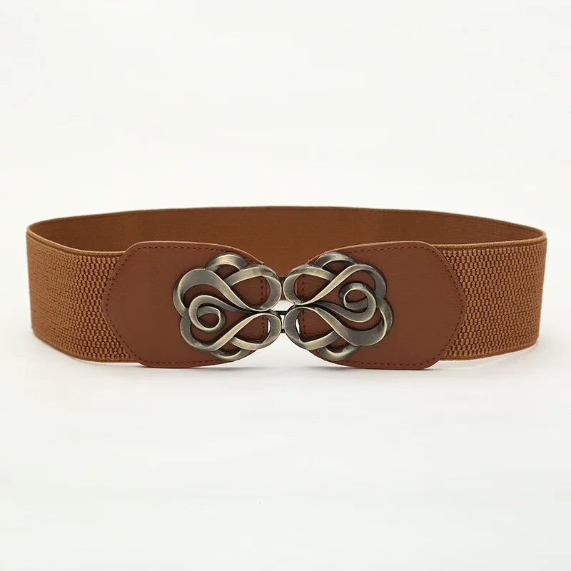 Brauner elastischer Gürtel mit dekorativer Metallschnalle, Damenmode Accessoire.