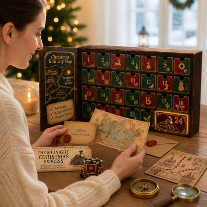 Frau im hellen Strickpulli betrachtet am Holztisch eine Schatzkarte, daneben Hinweiskarte, Zugticket, Spielzeugzug, Kompass, Lupe und der geöffnete Kalender. 3