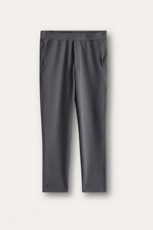 Dunkelgraue Lederhose, elastischer Bund, Taschen, modisch, elegant, Damenbekleidung.