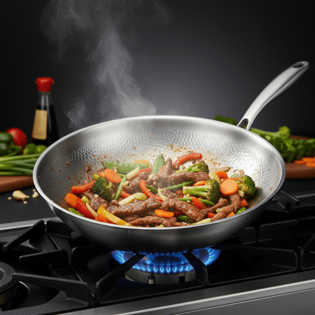 Hammered Titanium Wok Pan with Flat Base, Uncoated and Chemical-Free 6