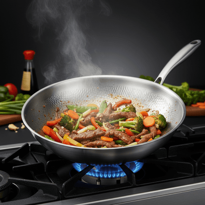 Hammered Titanium Wok Pan with Flat Base, Uncoated and Chemical-Free 6