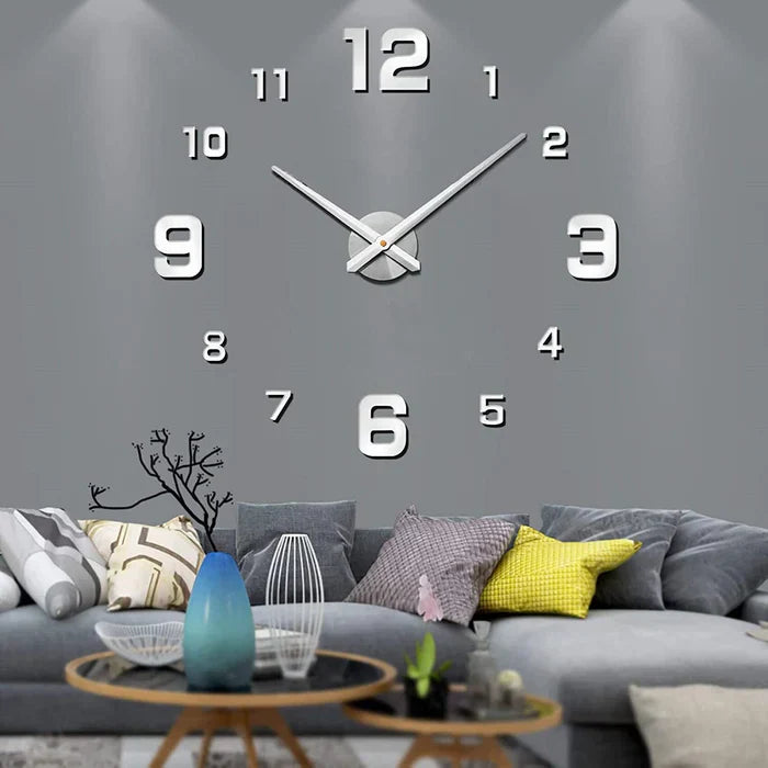 Wanduhr 3D DIY Silber, modernes Design, Wohnzimmer Dekoration, große Ziffern, graue Wand.