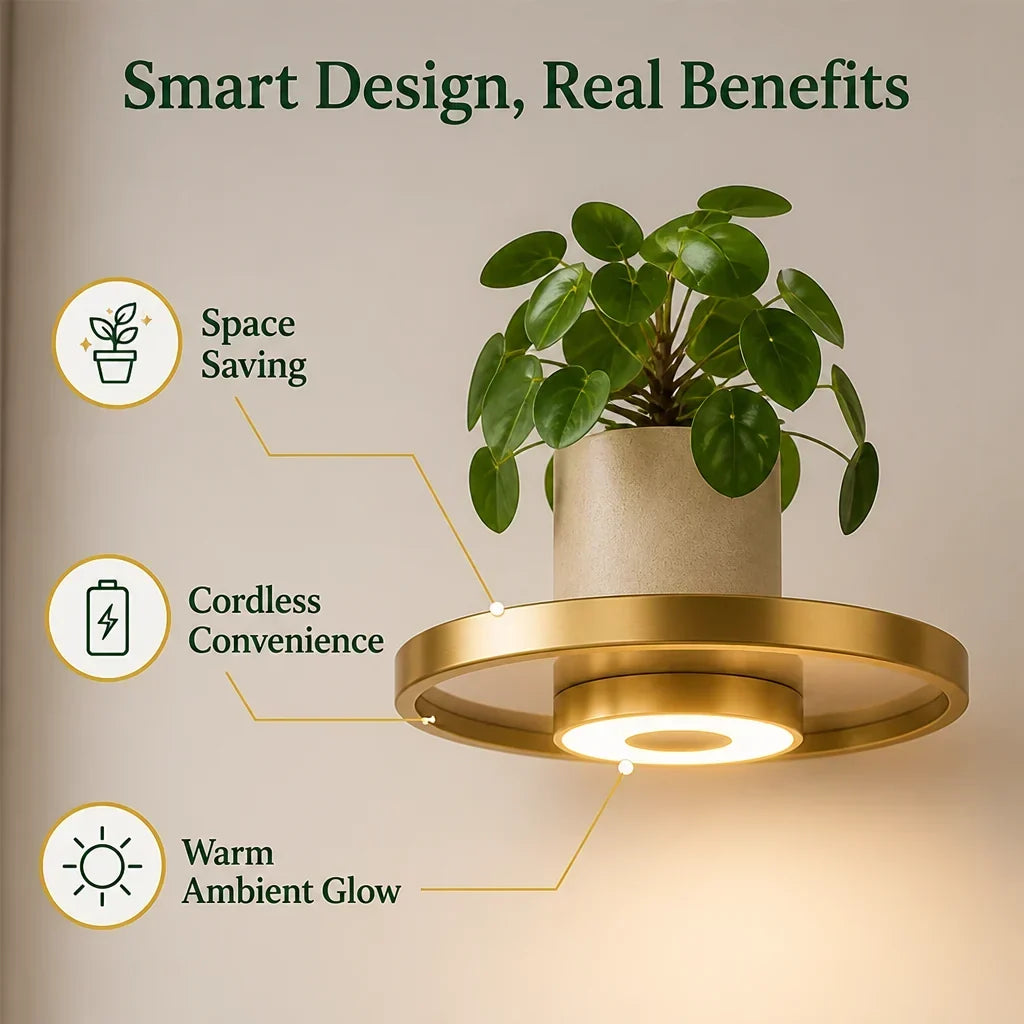 Nahaufnahme eines runden goldfarbenen Wandregals mit Pflanze im Topf und leuchtendem LED-Ring an der Unterseite, mit Symbolen und Beschriftungen zu den Vorteile 3