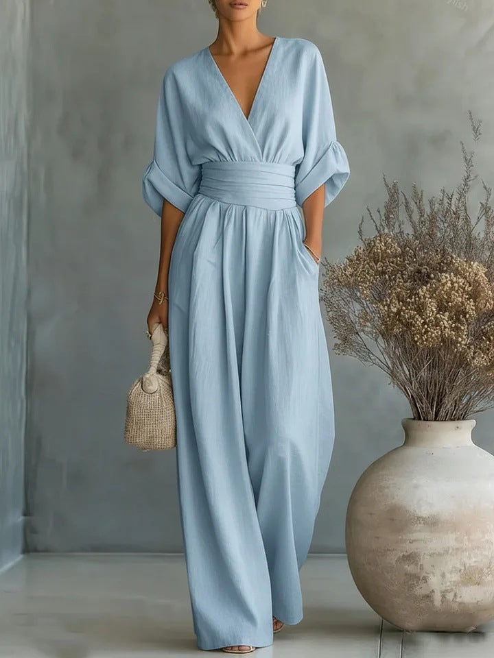 Women's Elegant V-Neck Jumpsuit with High-Waist Wide-Leg Pants 2