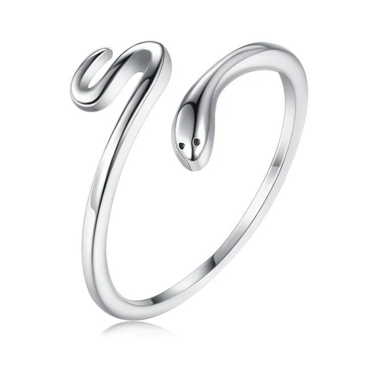 Silberner Schlangenring, offenes Design, minimalistischer Schmuck, Damenmode, Geschenkidee.