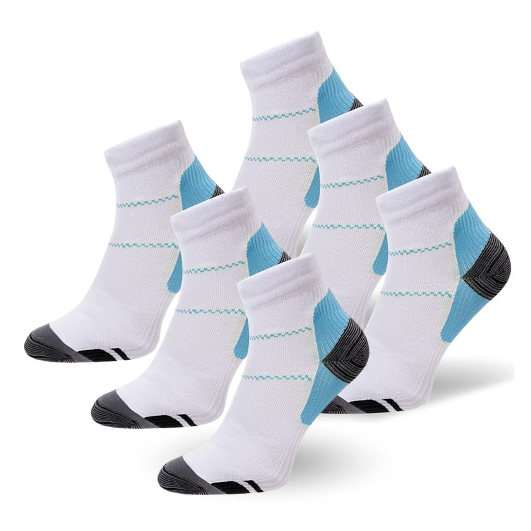 Weiße Kompressionssocken 3er-Pack, blau-schwarz Akzente, atmungsaktiv, Sport, Unisex.