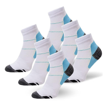 Weiße Kompressionssocken 3er-Pack, blau-schwarz Akzente, atmungsaktiv, Sport, Unisex.