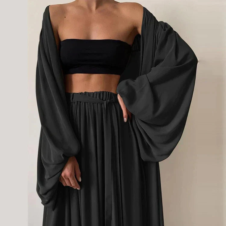 Damen Sommer-Set | 3-Teilig | Locker | Hose | Blazer | Bandeau Top-Schwarz-S-Luzern Mode