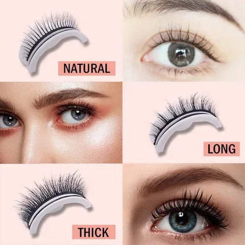 Vergleich dreier Wimpernstile mit Nahaufnahmen von Augen: natürlich, lang und dicht, jeweils auf dem weißen Halter. 5