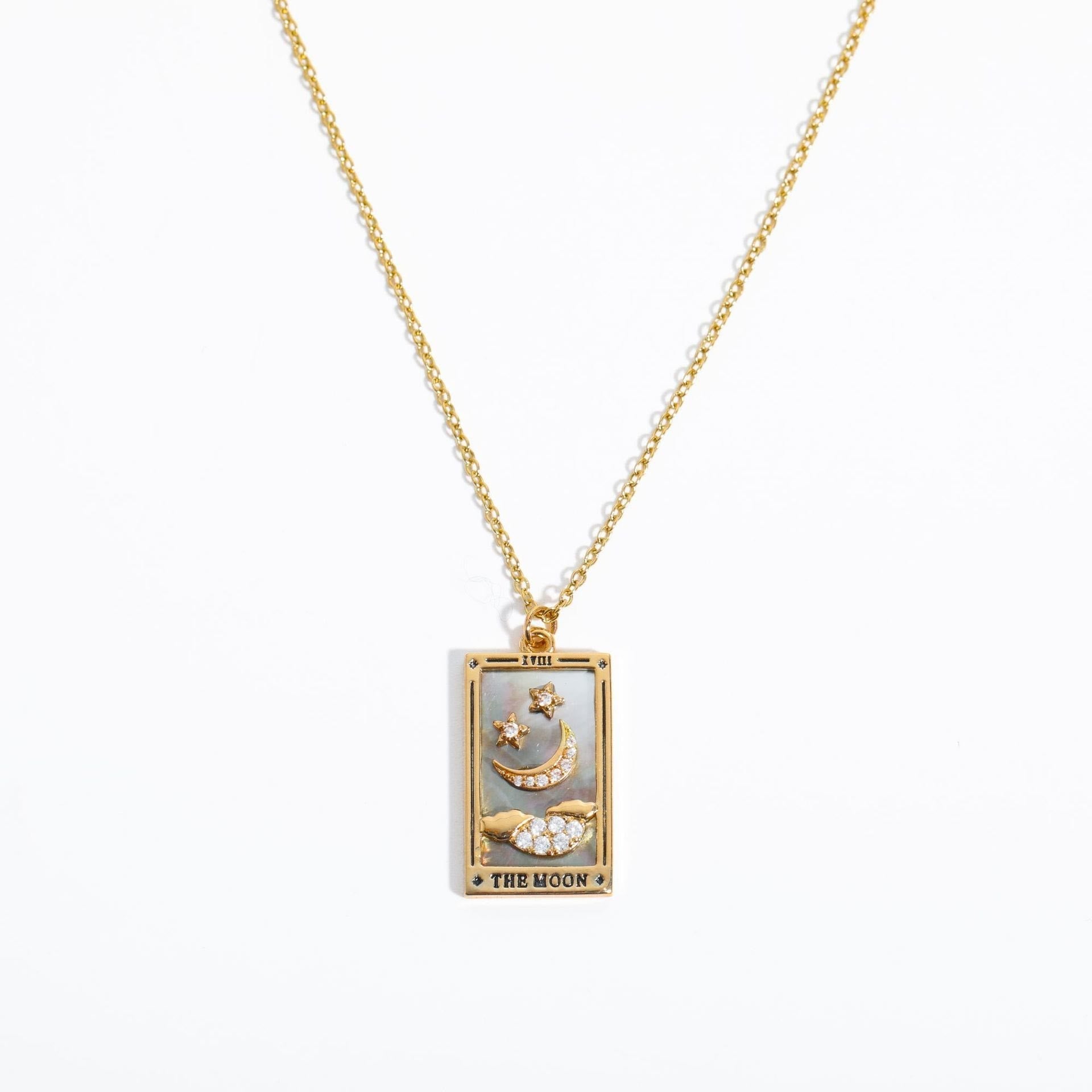 Goldene Halskette mit rechteckigem Anhänger, Mond- und Sternmotiv, Damen-Schmuck.