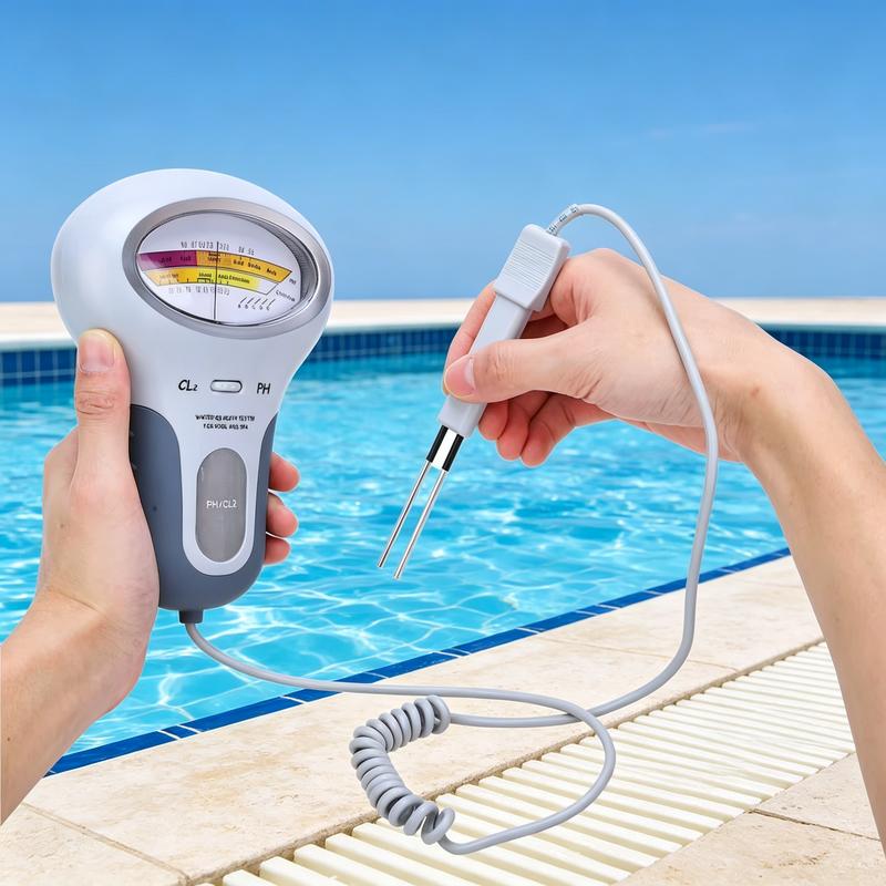 Zwei Hände halten das Messgerät und die Sonde mit Spiralkabel am Poolrand, bereit zur Wasserprüfung. 2