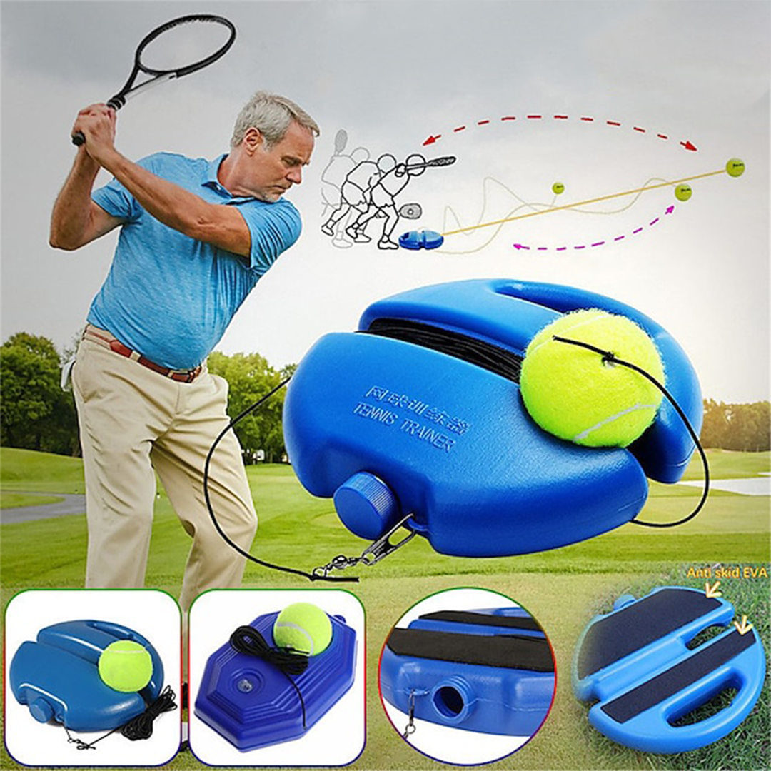 Mann trainiert mit blauem Tennis-Trainer, Tennisball, Schläger, Outdoor-Übung, Sportgerät.