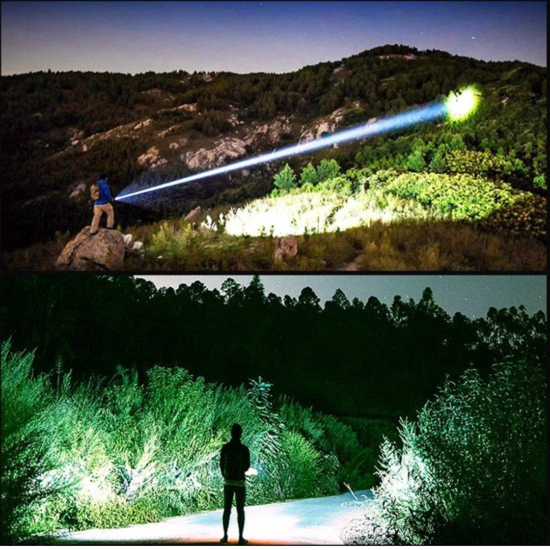 Person mit leistungsstarker Taschenlampe beleuchtet Wald bei Nacht, Outdoor-Abenteuer, LED-Licht.