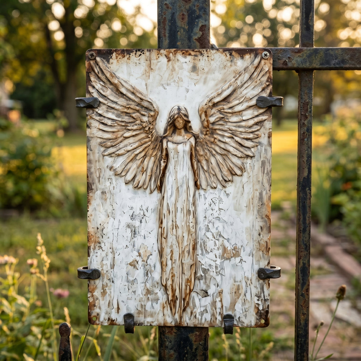 Engel-Schild mit schwarzen Eisenklammern an einem rostigen Gartentor im Abendlicht 6