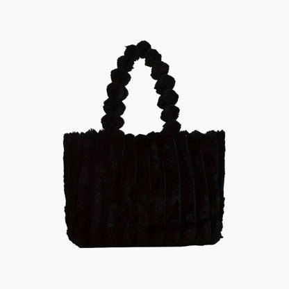 Schwarze Plüschhandtasche mit geflochtenem Griff, modisches Accessoire für Damen.