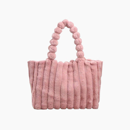 Rosa Plüsch-Handtasche mit gestepptem Design, modisch, Damen-Accessoire, weich, elegant.
