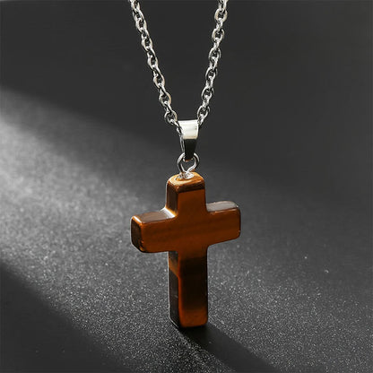 Tigerauge Kreuzanhänger an Silberkette, glänzend, Schmuck für Herren und Damen, modisch.