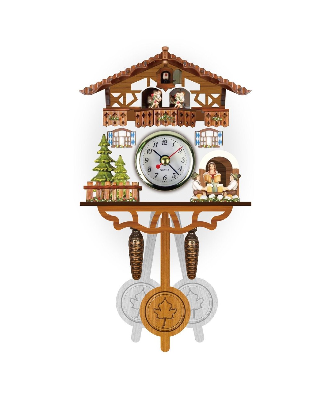 Freigestellte Holz-Kuckucksuhr mit Quarzwerk, verziertem Balkon, Tannen mit Zaun, Bierszene, Tannenzapfengewichten und Pendel mit Ahornblatt. 2