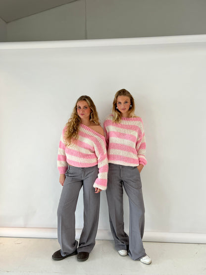 Zwei Frauen in gestreiften rosa Pullovern und grauen Hosen vor weißem Hintergrund.