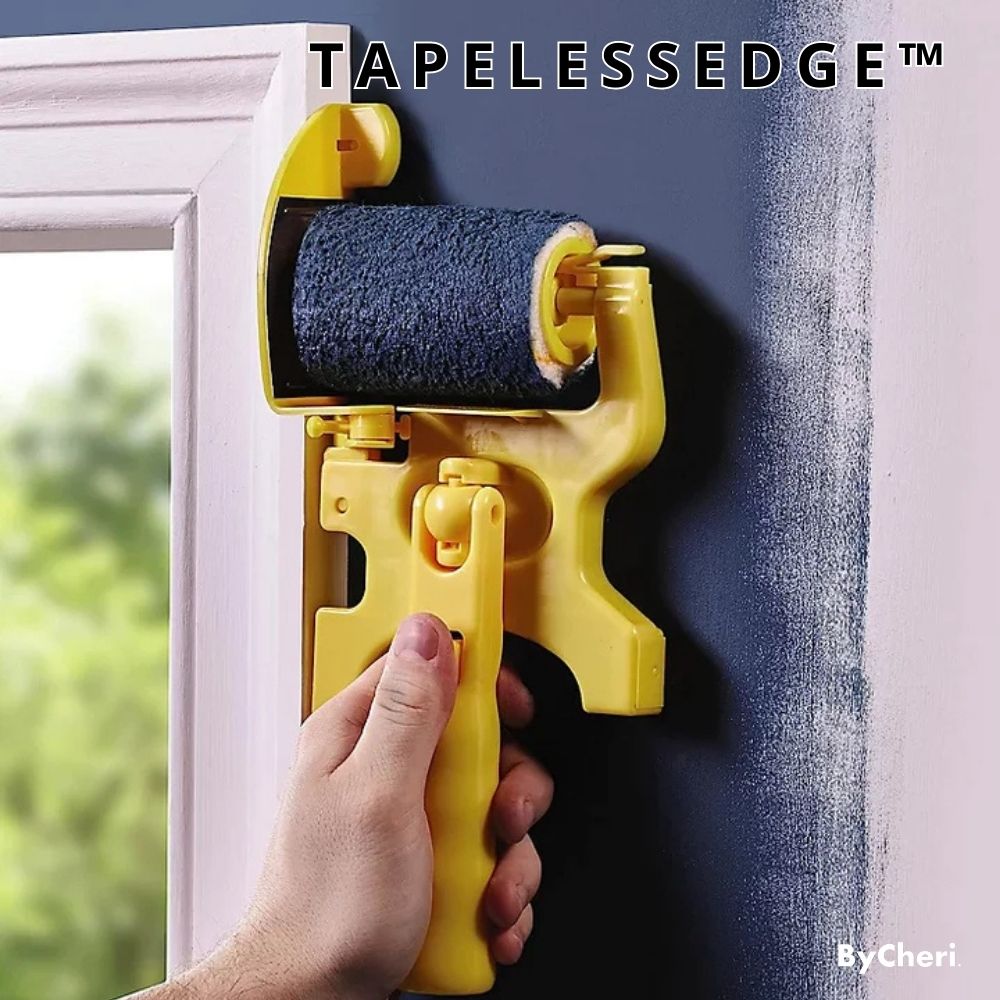 Gelbes Kantenstreichgerät mit blau getränkter Walze, von einer Hand an einer dunkelblauen Wand entlang eines weißen Fensterrahmens geführt. 1