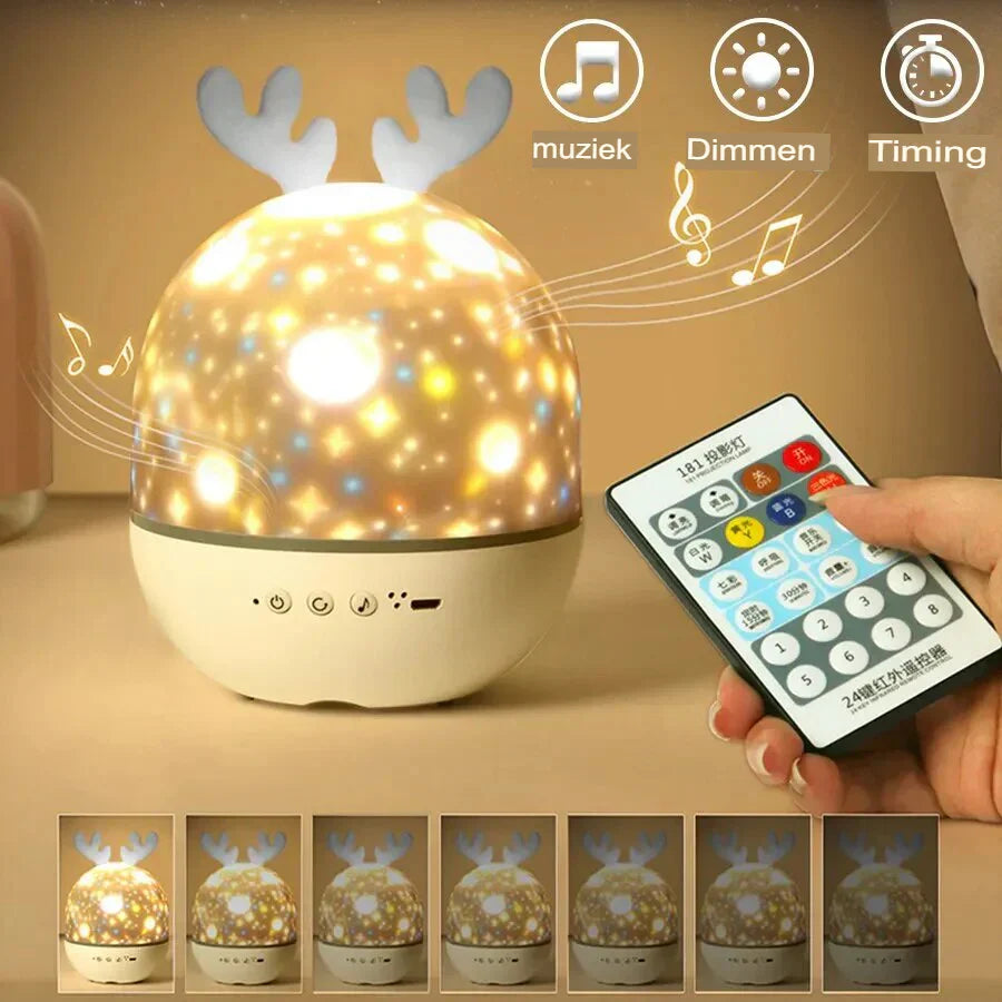 Nachtlicht Projektor mit Bluetooth, Rentier-Design, USB, für Kinderzimmer, dimmbar, mit Fernbedienung.