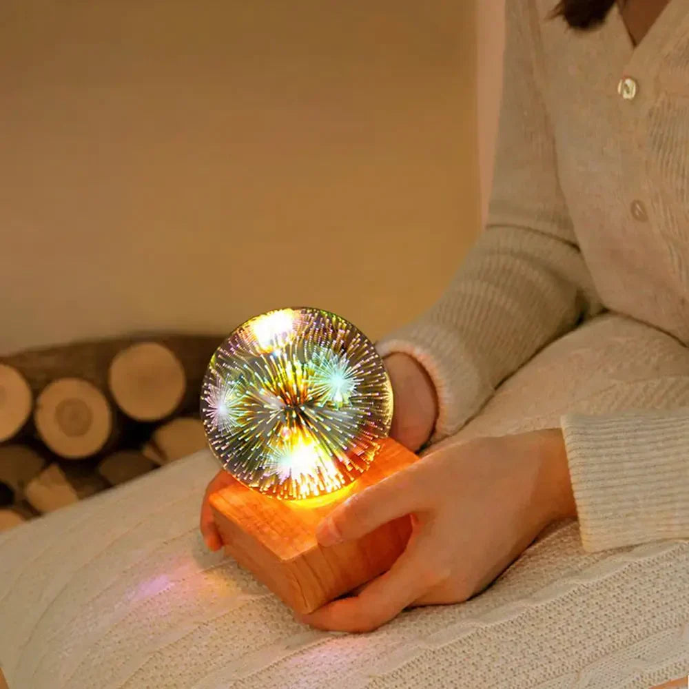 3D-Feuerwerk Kristallkugel Lampe, USB, Holzsockel, Nachtlicht, Schlafzimmer Deko, bunt leuchtend.