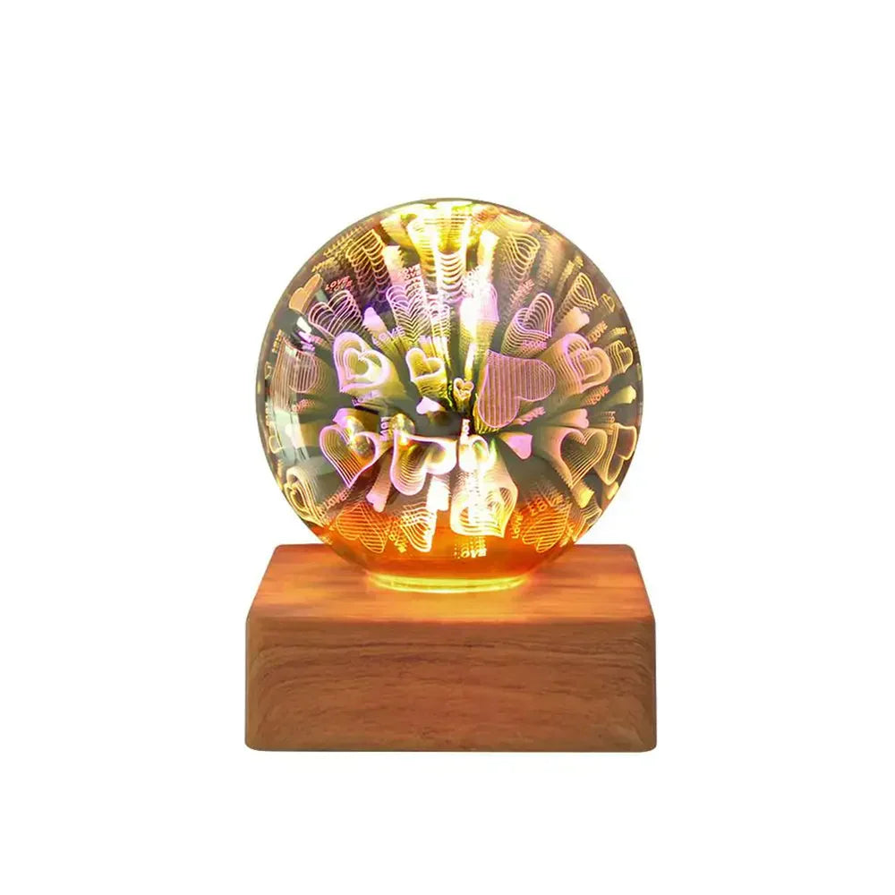 3D-Feuerwerk Kristallkugel Lampe, USB-Nachtlicht, Holzsockel, Schlafzimmer Deko, Herzmuster