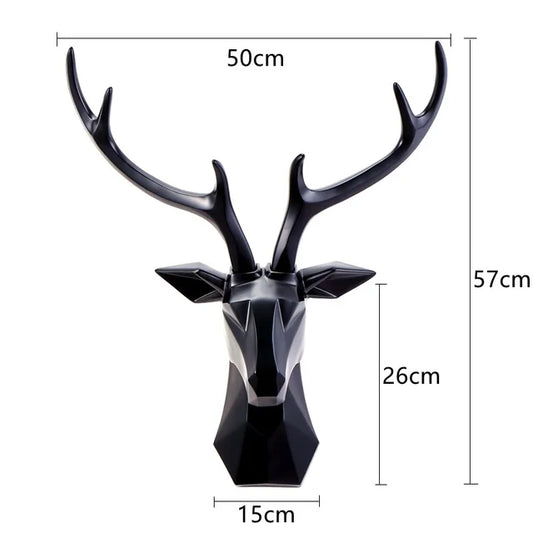 3D Hirschkopf Skulptur, schwarz, Wanddekoration, 57cm, geometrisches Design, modernes Wohnaccessoire.
