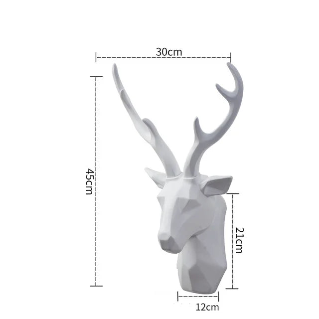 3D Hirschkopf Skulptur, weiß, Wanddekoration, 45cm, geometrisches Design, modernes Wohnaccessoire.