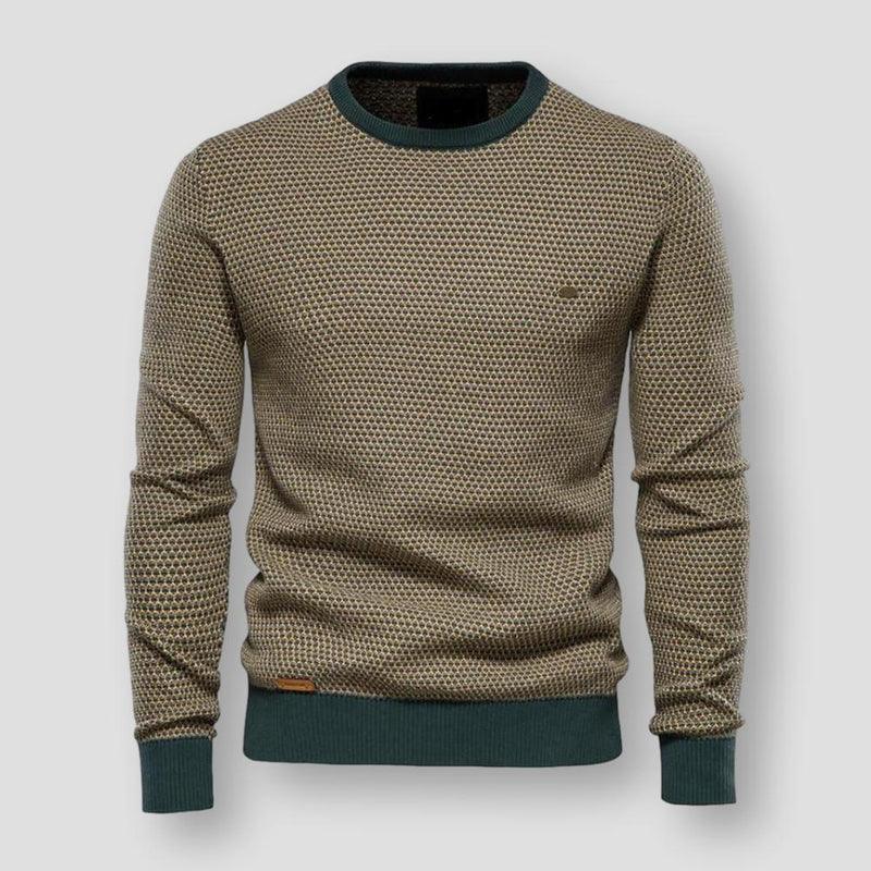 Herrenpullover, olivgrün, Rundhalsausschnitt, Strickmuster, modisch, bequem, Freizeitkleidung.