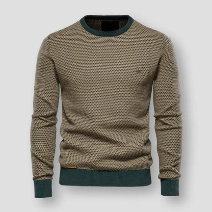Herrenpullover, olivgrün, Rundhalsausschnitt, Strickmuster, modisch, bequem, Freizeitkleidung.