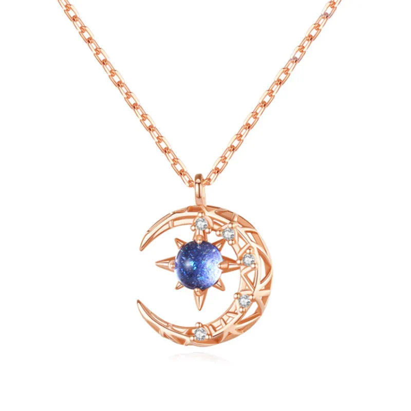 Roségoldene Halskette mit Mond- und Sternanhänger, blauer Kristall, Damen-Schmuck.