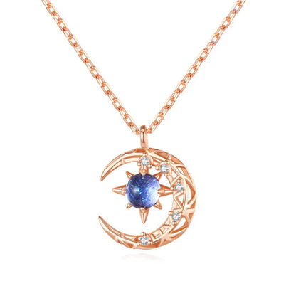 Roségoldene Halskette mit Mond- und Sternanhänger, blauer Kristall, Damen-Schmuck.