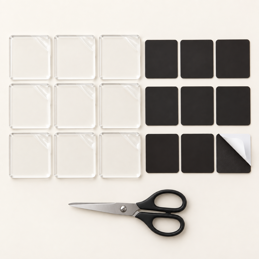 Flat Lay mit neun quadratischen Acrylrahmen, neun schwarzen Magnetplättchen und einer Schere auf hellem Grund 9