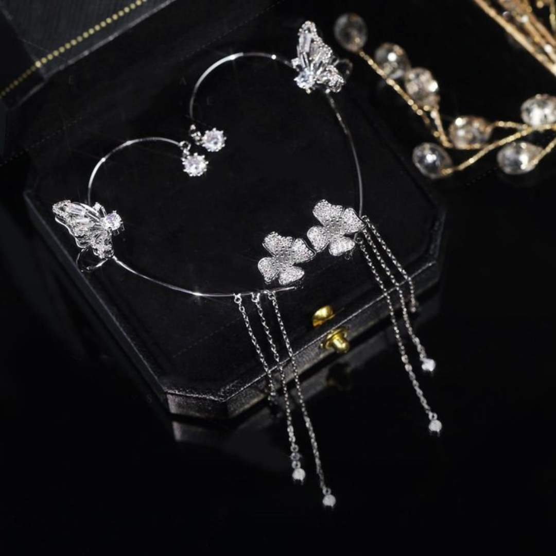Silberne Schmetterling-Haarnadel mit Strass, elegant, Hochzeitsschmuck, Herzform, Damenaccessoire.