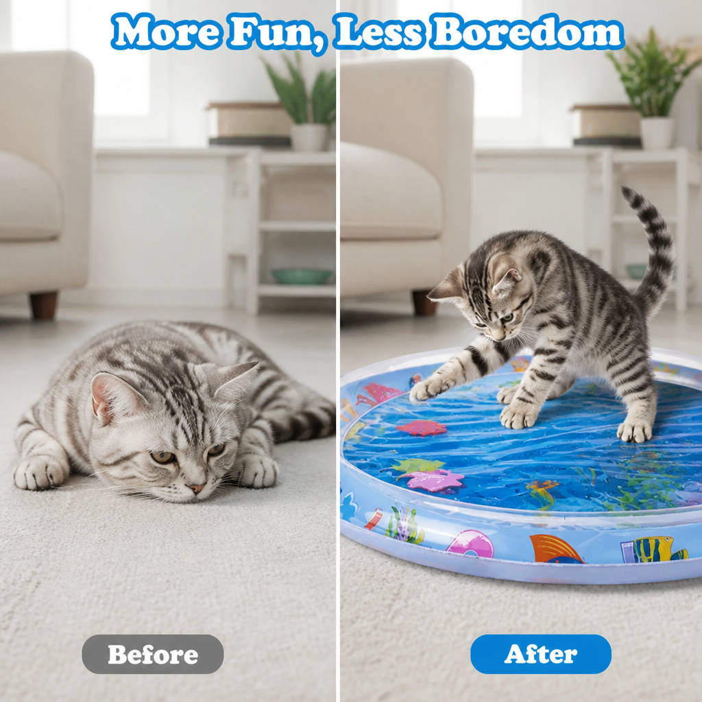 Vorher-Nachher-Vergleich: links eine träge auf dem Teppich liegende Katze, rechts eine Katze, die aktiv auf der Wassermatte spielt. 4