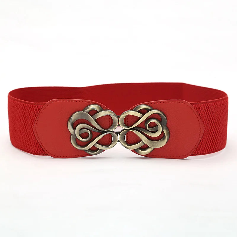 Roter elastischer Gürtel mit dekorativer Metallschnalle, modisches Accessoire für Damen.