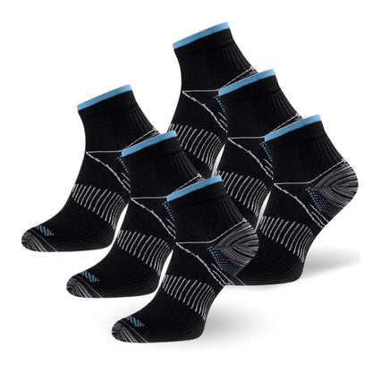 Schwarze Kompressionssocken mit blauen Akzenten, atmungsaktiv, ideal für Sport und Reisen.