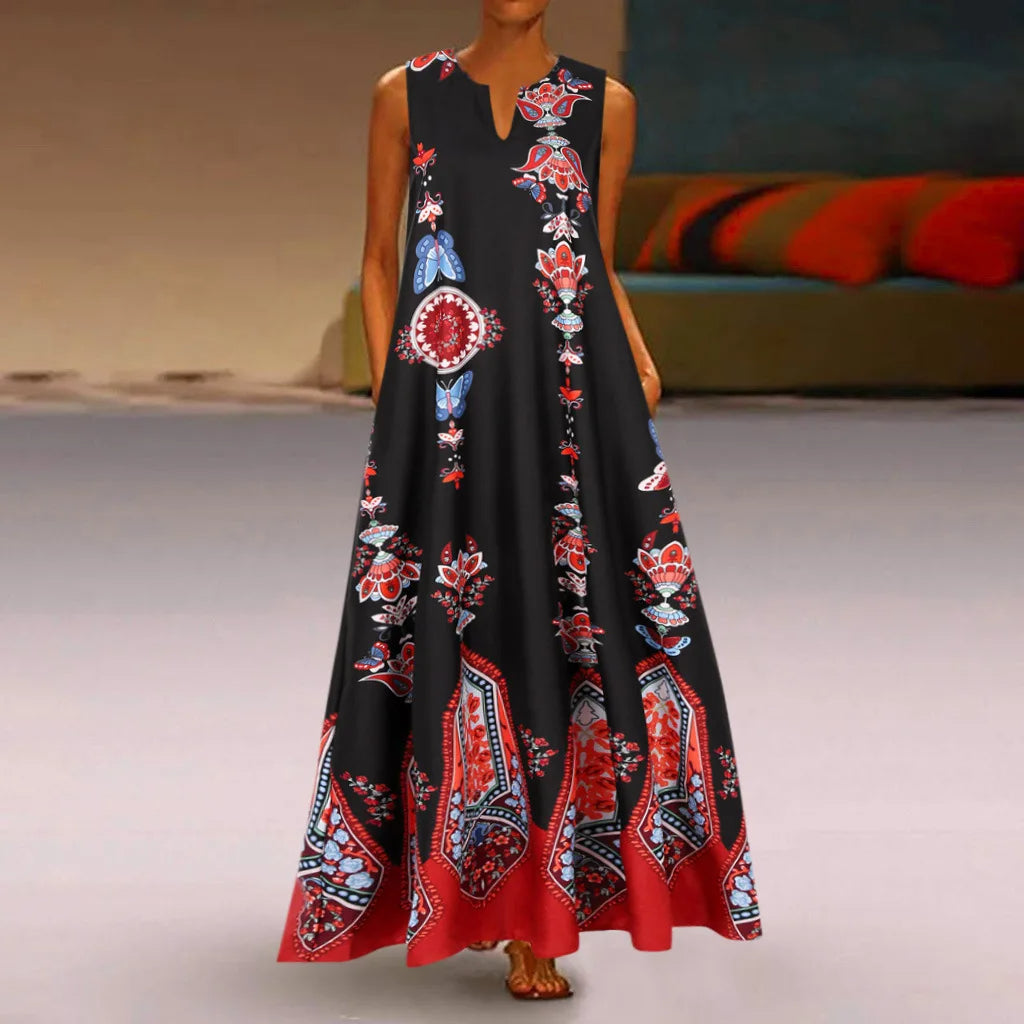 Schwarzes Maxikleid mit rotem und blauem Blumenmuster, ärmellos, elegantes Design.
