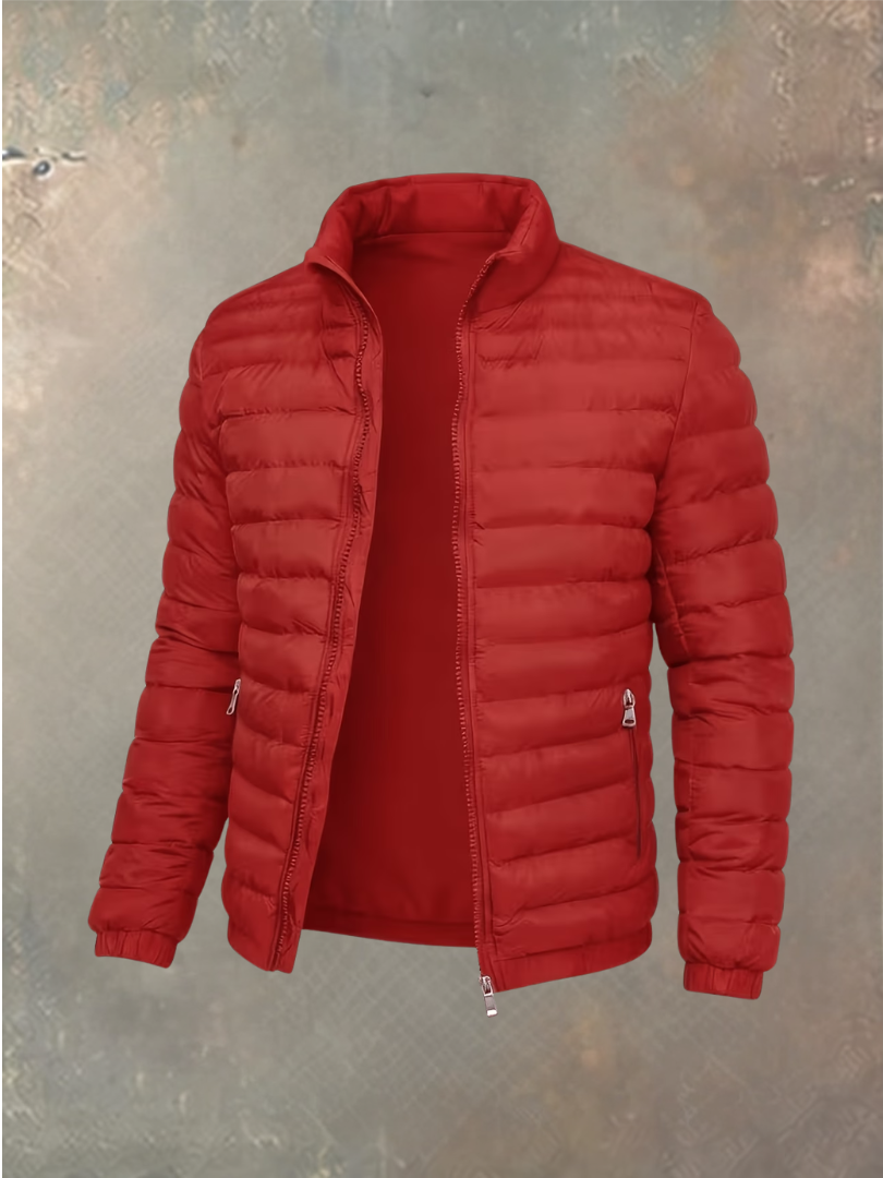 Rote Steppjacke mit offenem Reißverschluss, Stehkragen und elastischen Bündchen, von vorn gezeigt 3
